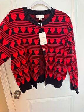 Free Assembly Red & Navy Blue Heart-Pattern Cardigan Sweater
